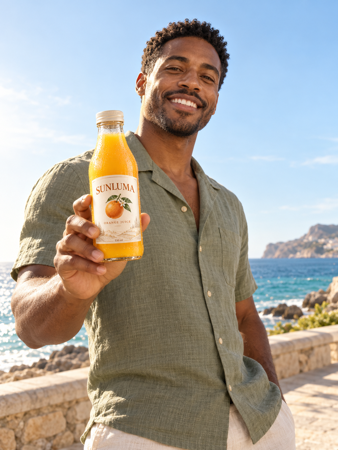 A man holding the same SUNLUMA bottle beside the sea, photographed from a low angle