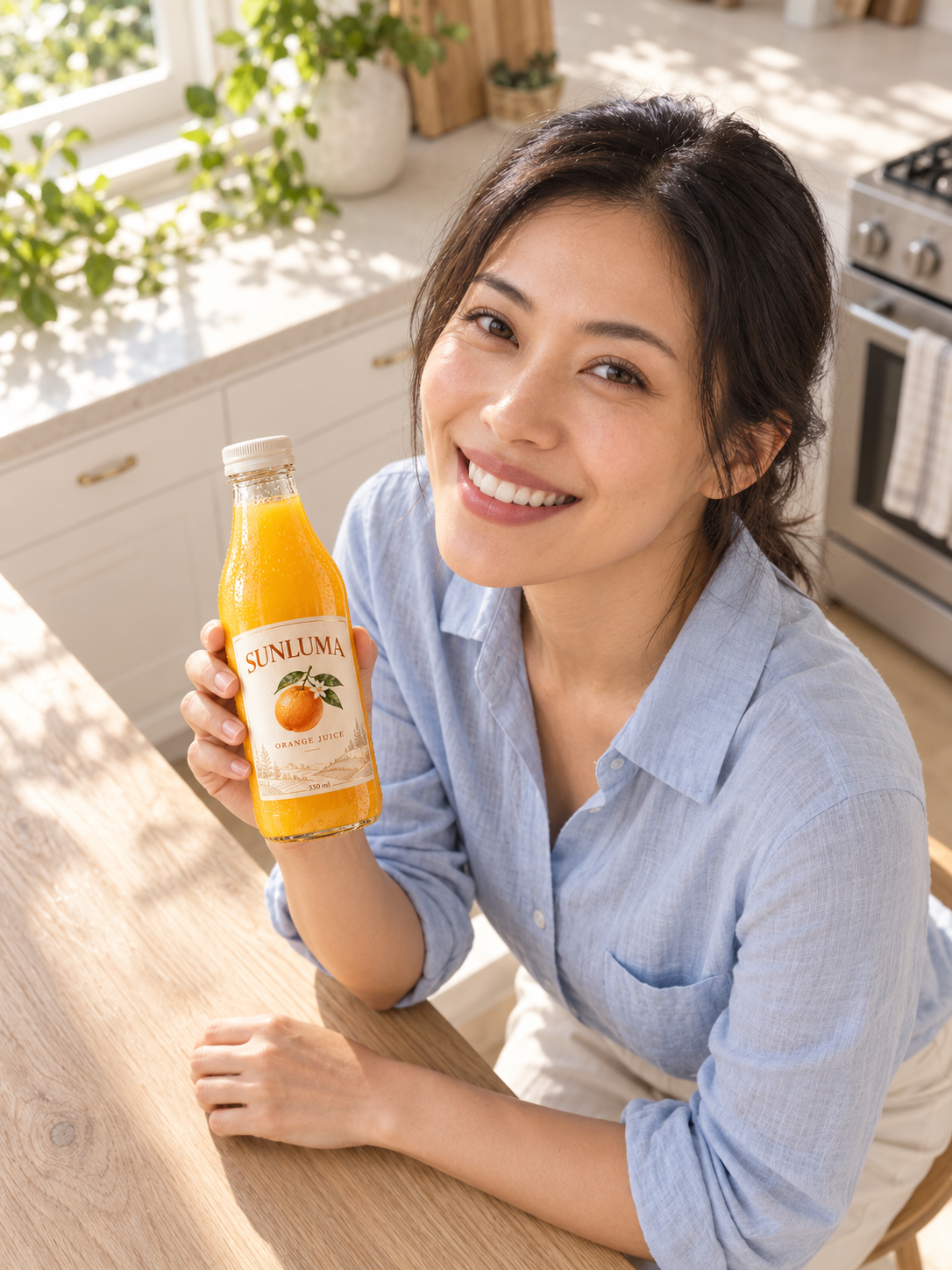 A woman holding the same SUNLUMA bottle in a bright kitchen, photographed from above
