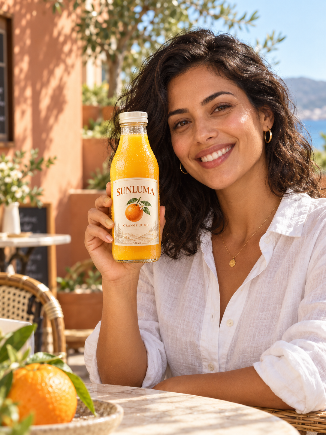 A lifelike digital woman presenting the same SUNLUMA juice bottle on a sunny café terrace