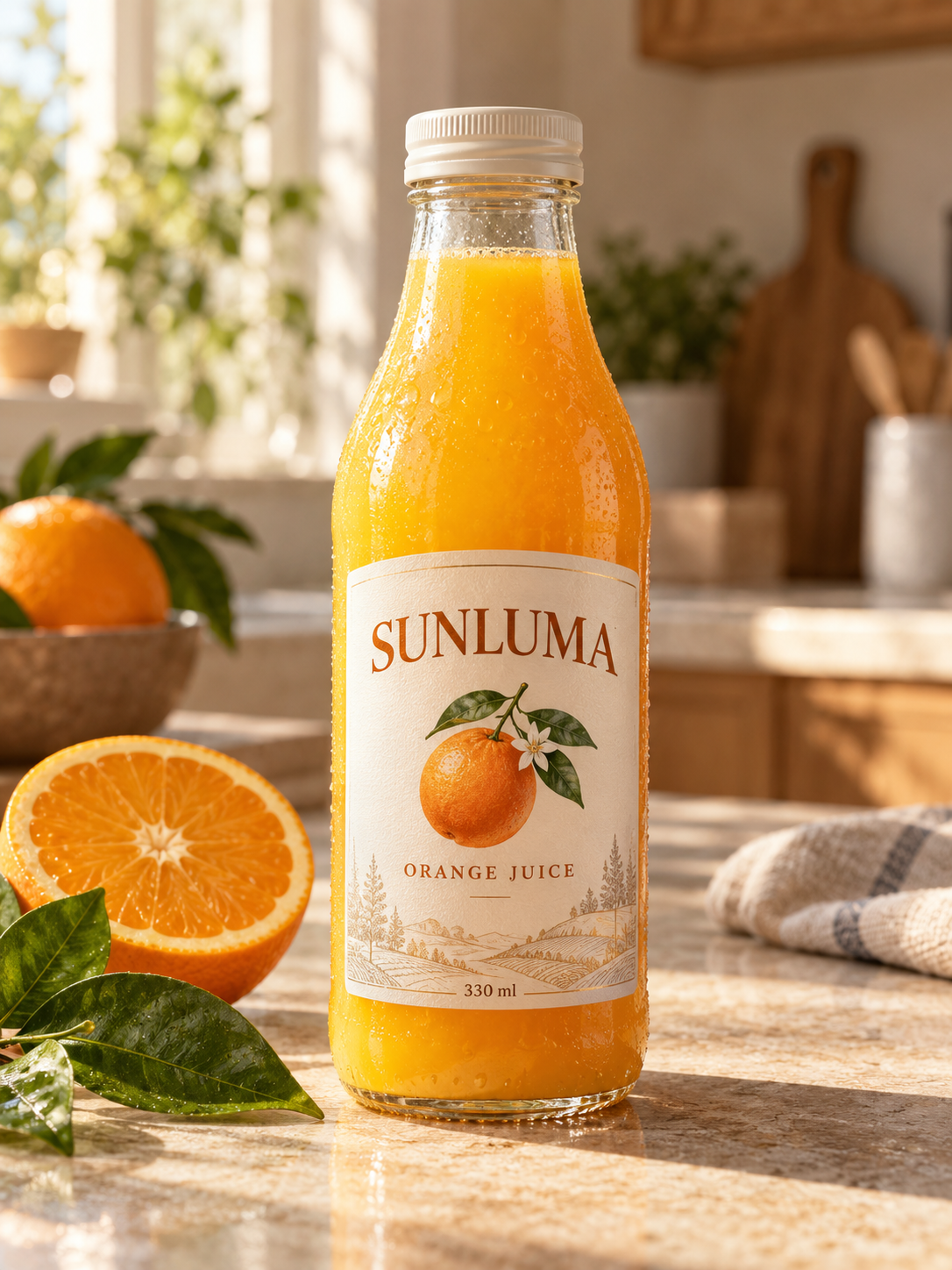 The fictional SUNLUMA orange juice bottle photographed on a kitchen counter